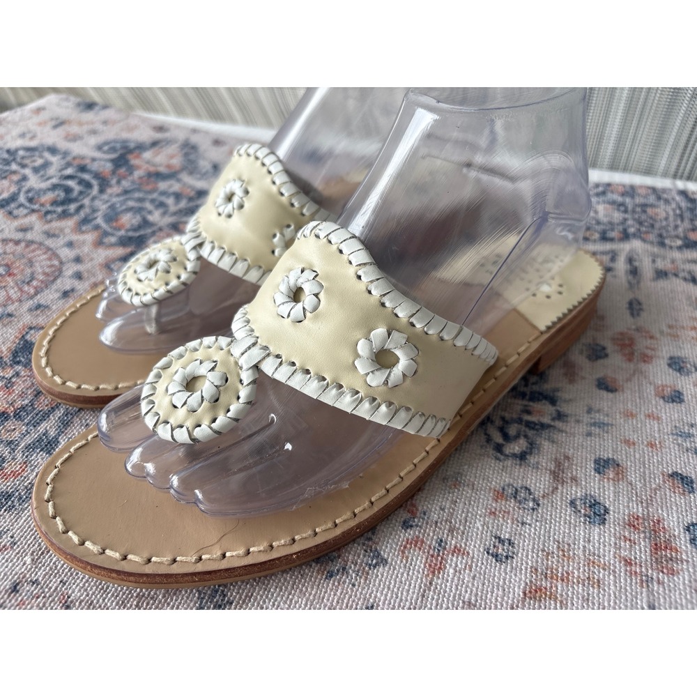 Jack Rogers Jacks Flat Sandal Cream White Leather Whipstitch Thong Size 8M - Picture 3 of 9